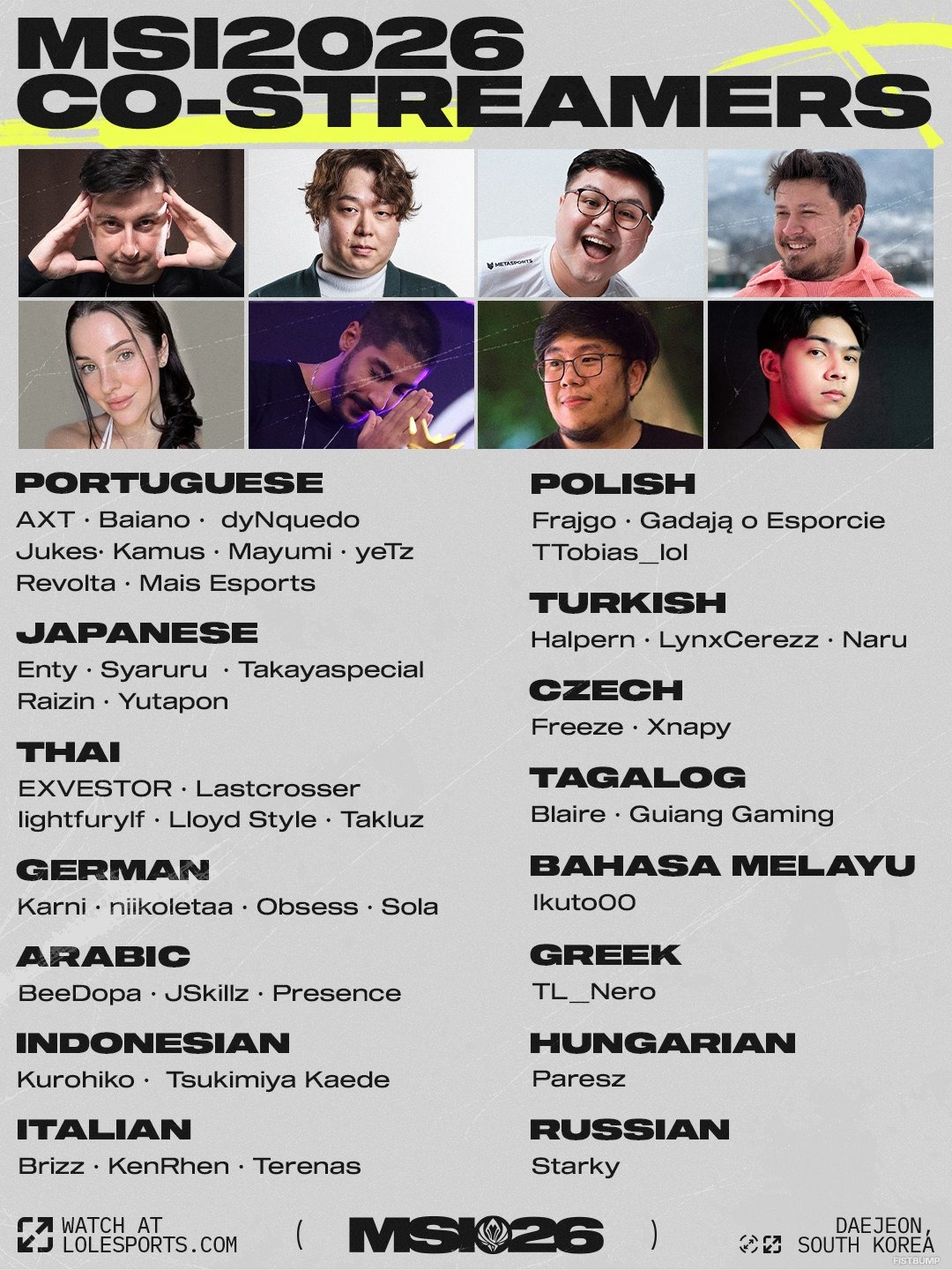 らいじん、しゃるる、えんてぃ、Yutapon、たかスぺと「MSI 2026」を楽しく観戦―ウォチパ実施ストリーマーが発表！【リーグ・オブ・レジェンド】