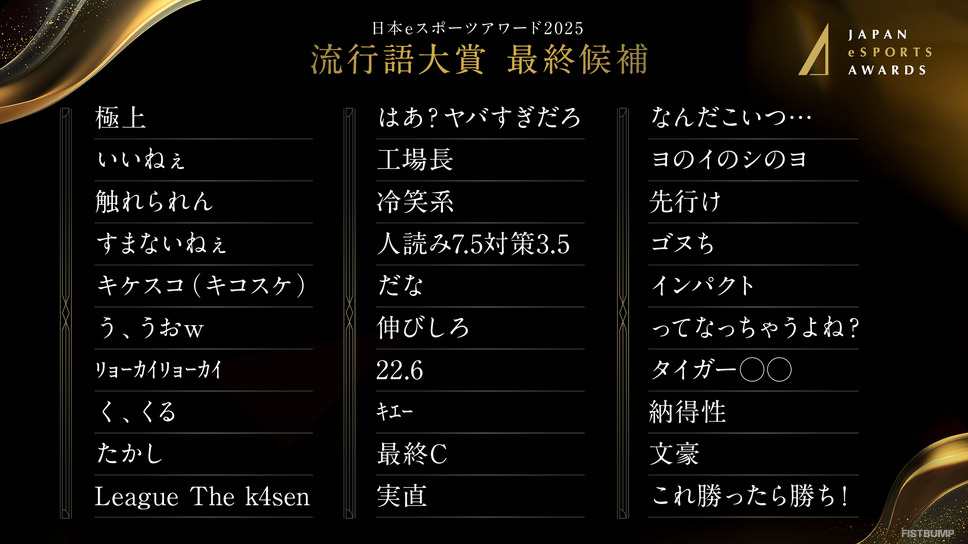 「League The k4sen」「すまないねぇ」「なんだこいつ…」などが最終候補に―「日本eスポーツアワード」流行語大賞2025最終候補が発表